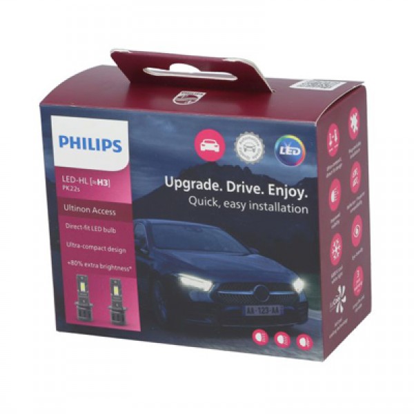 Крушка, LED, фар за дълги светлини PHILIPS H3, 12V, 20W, 6000K, 1400lm, 2 бр.