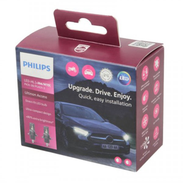 Крушка, LED, фар PHILIPS H19/H4, 12V, 20W, 6000K, 1500/1000lm, 2 бр.
